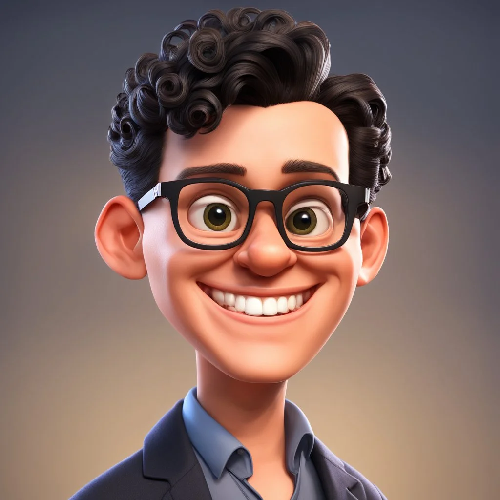 a portrait of smiling western man. caricature. black short curl hair. light skin. black eye pupils. rectangle eyeglasses, black frame. oval face shape. wear black formal dress. pixar style. 3D. 4k. portrait. highly detailed. sharp focus. high resolution. full color. cinema lighting