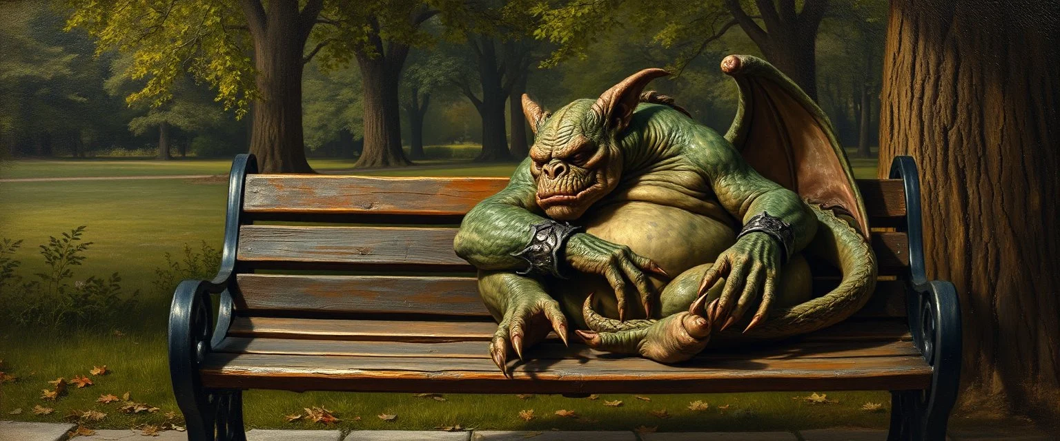 master oil painting by Rembrandt, fat old orc dragon gremlin sleeping on a bench in the park