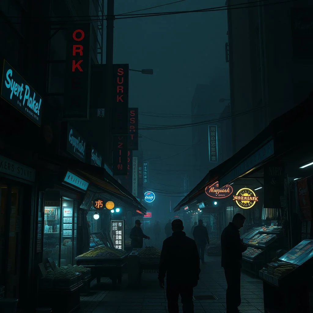 a dark market square, cyberpunk style, dodgy salesmenm dark mood