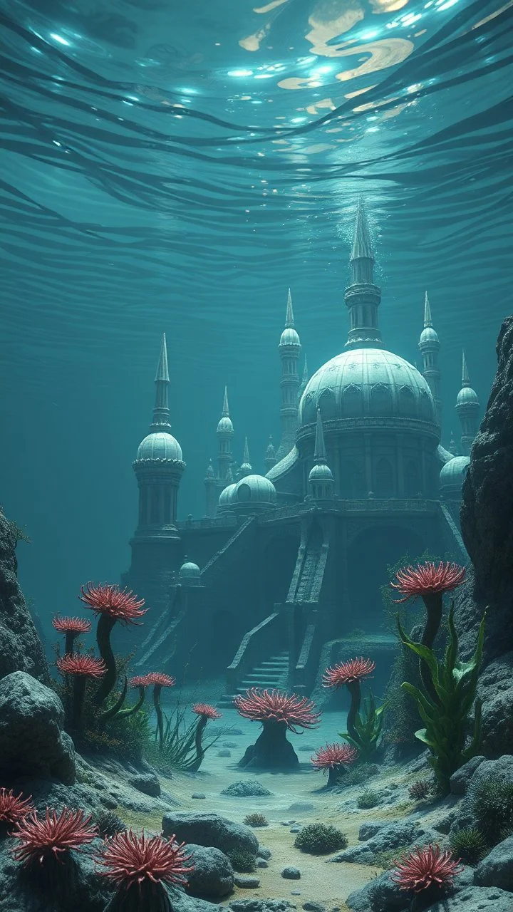 Under the water aliens colony with Crystal dooms buildings and strange sea plants