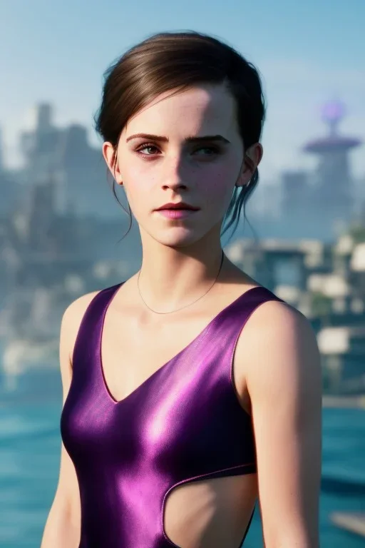 Emma Watson, full-length, in a swimsuit, cyberpunk 2077, photorealistic illustration, 4k