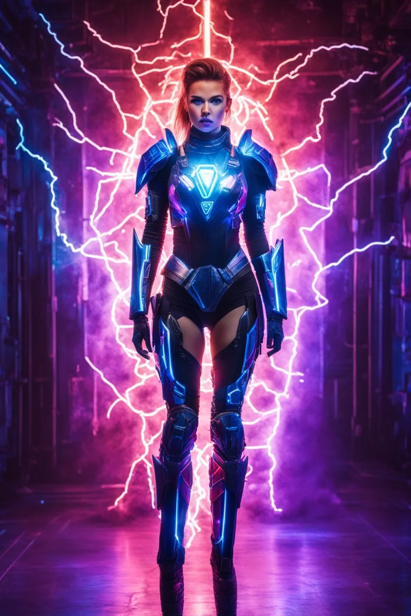 Fullbody photography super model Russian Beautiful woman dressing futuristic guardian armor, colors lighting, extreme neons colors lightning, surrounded by colors electricity lightning