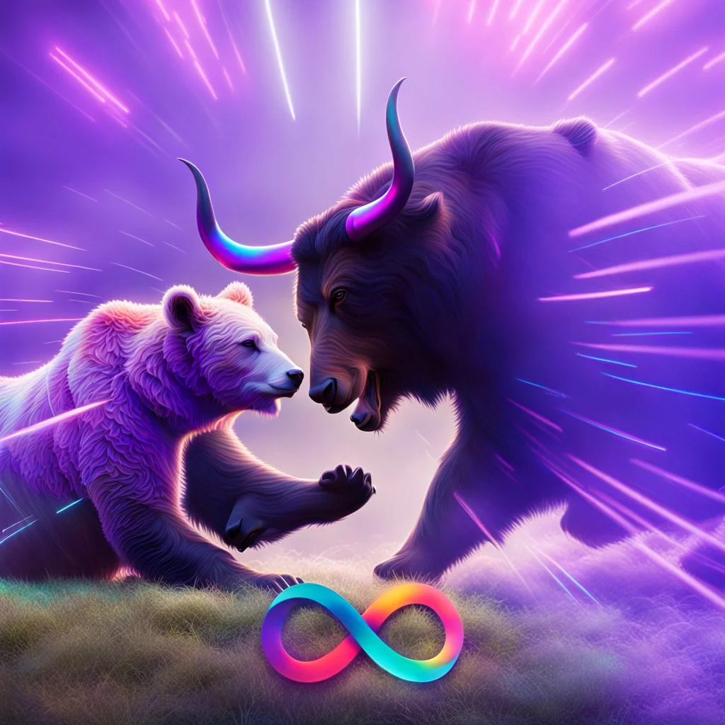 brightly coloured 3D infinity symbol ∞, bull with horns on right beating a bear on left in a fight, DSLR with a 80mm lens, set to f/16 and a slow shutter speed of 1/15s, striking, neon, vibrant, chiaroscuro, dramatic, captivating, high-tech, powerful, fantasy, beautiful, octane render, 16k post-production, artstation: award-winning: atmospheric: commanding: fantastical: clarity: ultra quality: striking: brilliance: stunning colors: amazing depth; lens: f/11, 35mm