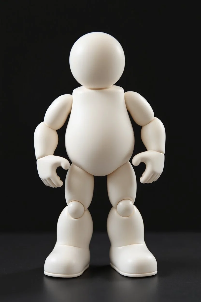a standing animated figure (no neck, a flattened face area, stubby legs, bulky arms, no painted details, white in color) vinyl art toy