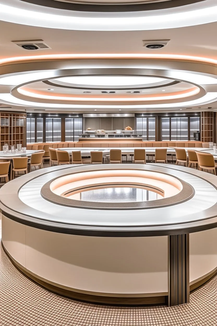 Oval-shaped restaurant consisting of one large table in the middle of the table there is a kitchen