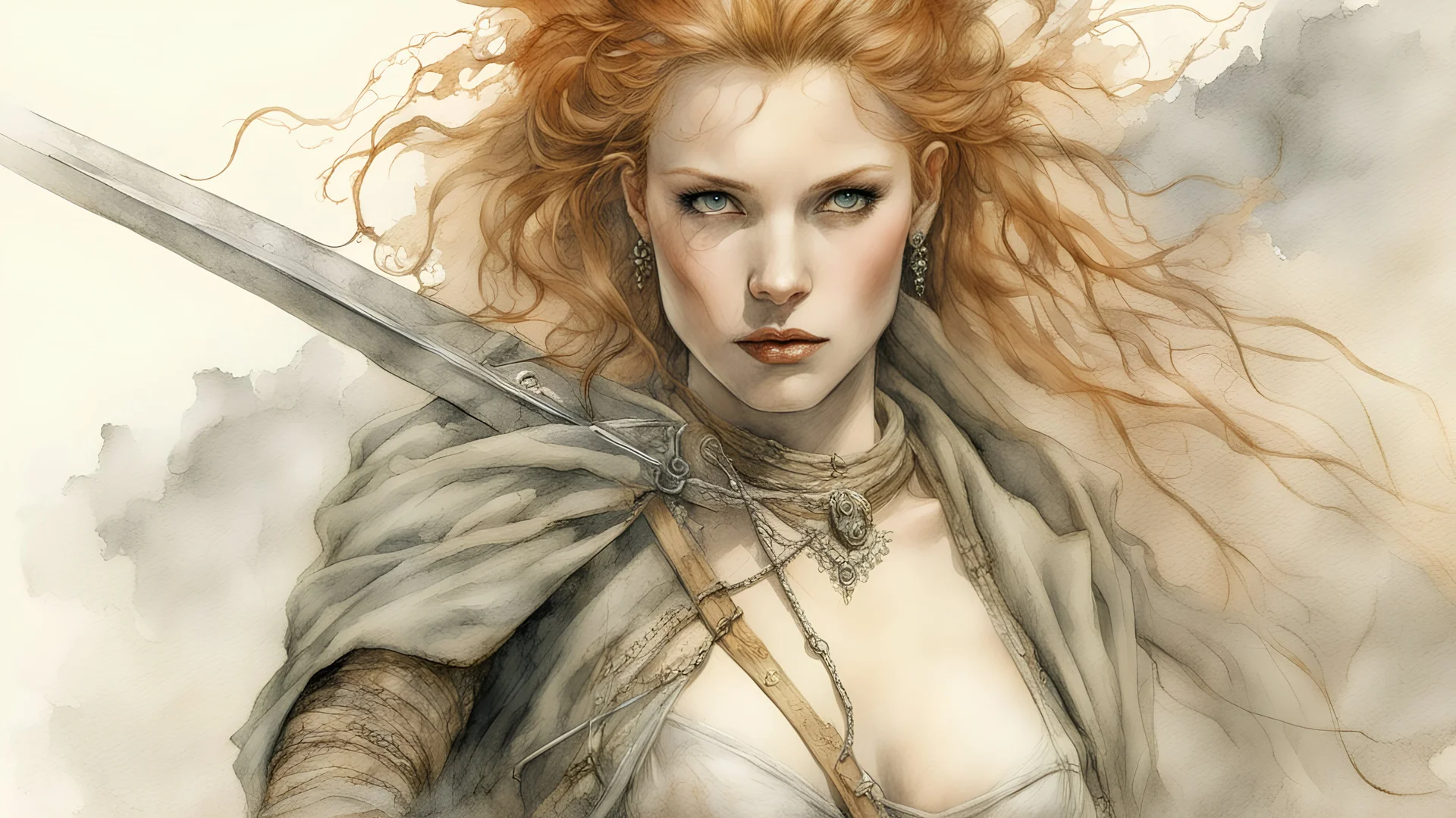 Hyper-photorealistic watercolor art style by Luis Royo , ginger-haired woman with natural skin tones, hyperdetailed face, full body diagonal shot, encounters male bandits in dark fantasy countryside setting, absence of mysterious elements, dramatic lighting, ultrafine detail, octane rendering., by