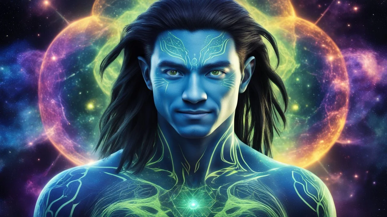 beautiful gorgeous young man na'vi with long hair, Avatar, blue skin, two small ears, green eyes, black hair, in cosmic suit, galactic ambiance, medium pointy goatee , smiling, nebulas and sacred geometry light figures on the backgroud,