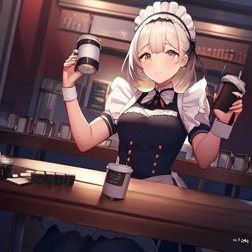 anime waitress taking her break at booth inside a New York diner with two identical coffee cups placed in front oh her on the table, two tea cups