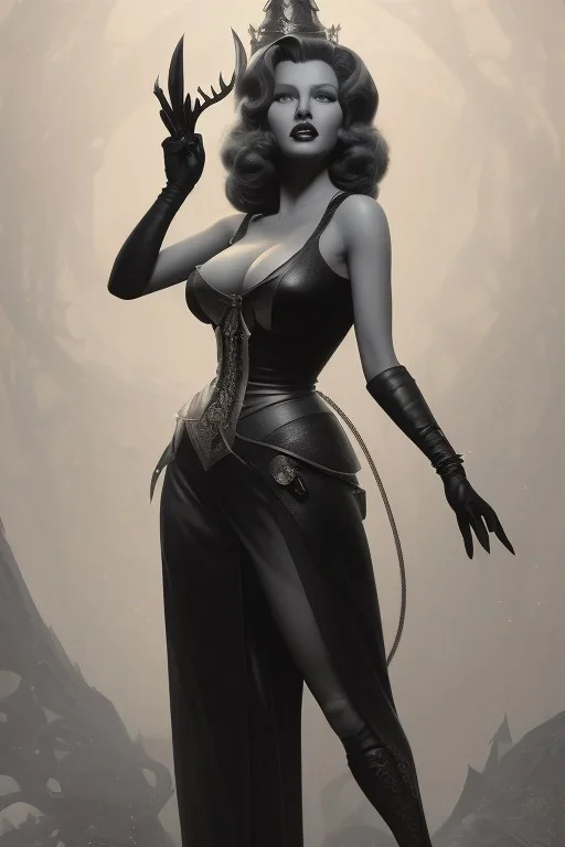 Rita Hayworth as evil queen in black leather, busty, cleavage, dominatrix, curvy, angry, stern look. character design by cory loftis, fenghua zhong, ryohei hase, ismail inceoglu and ruan jia. unreal engine 5, artistic lighting, highly detailed, photorealistic, fantasy