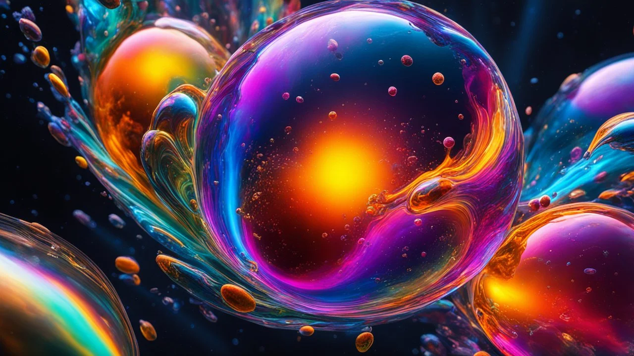 2025. Colourful immiscible liquid globules in weightlessness, mixed, distorted, spectacular, strange globular shapes, wild, fantasy, futuristic, artistic, attractive, beautiful lighting, attractive composition, photorealistic, extremely detailed, chiaroscuro