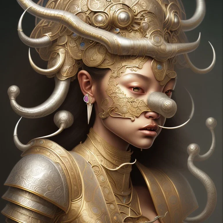 Sango fantasy, fantasy magic, intricate, sharp focus, illustration, highly detailed, digital painting, concept art, matte, art germ and Paul Lewin and Kehinde Wiley, masterpiece silver elephant head bronze Buddha Asian African girl nice breast Hawaiian hair turquoise golden waves