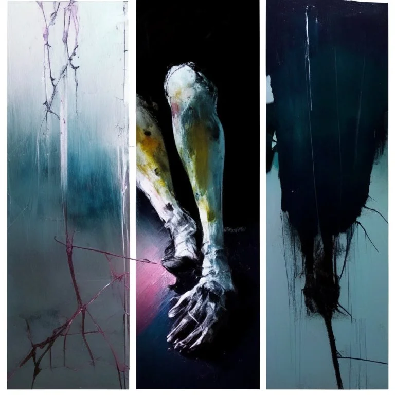 Minimal abstract oil paintings close up person limbs sinew and concrete fragments illuminated at night style of Justin Mortimer