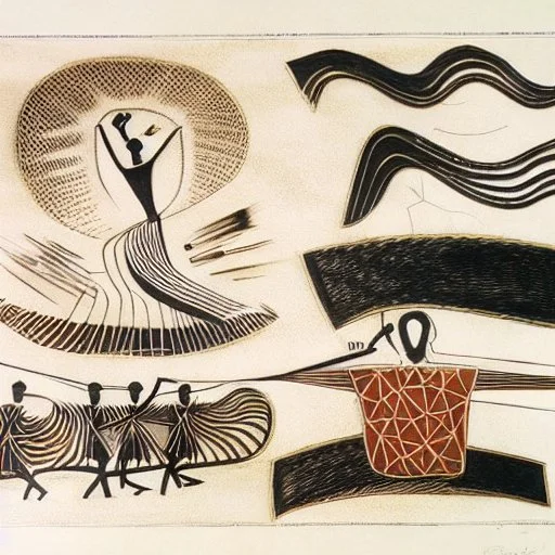 drawn in single line by Nicolai Blatter with hatch with parallel wavy lines metal engraving with african man dance procession in salvador dali style or picasso style