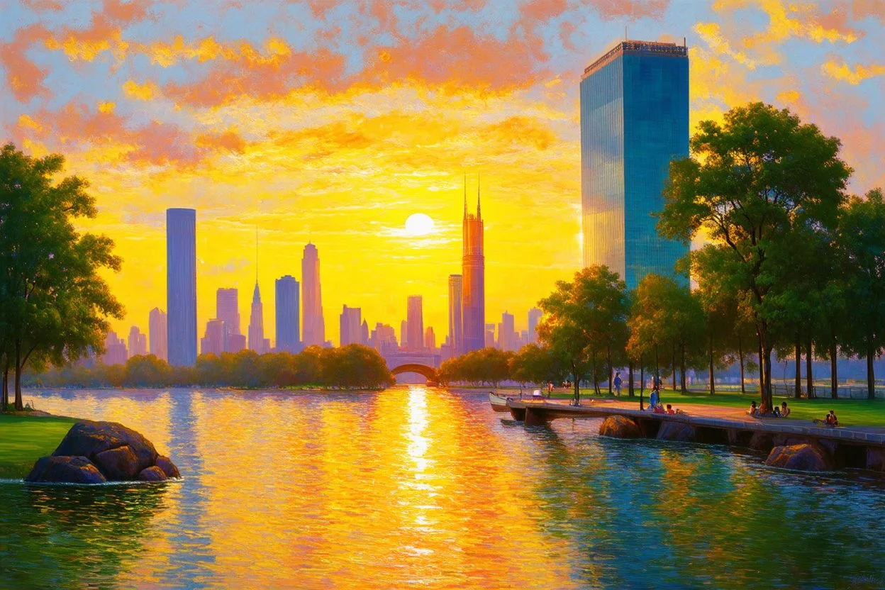 sunset, buildings, lake, rocks, city, park, trees, cyberpunk, sci-fi, emile claus, and claude monet impressionism paintings