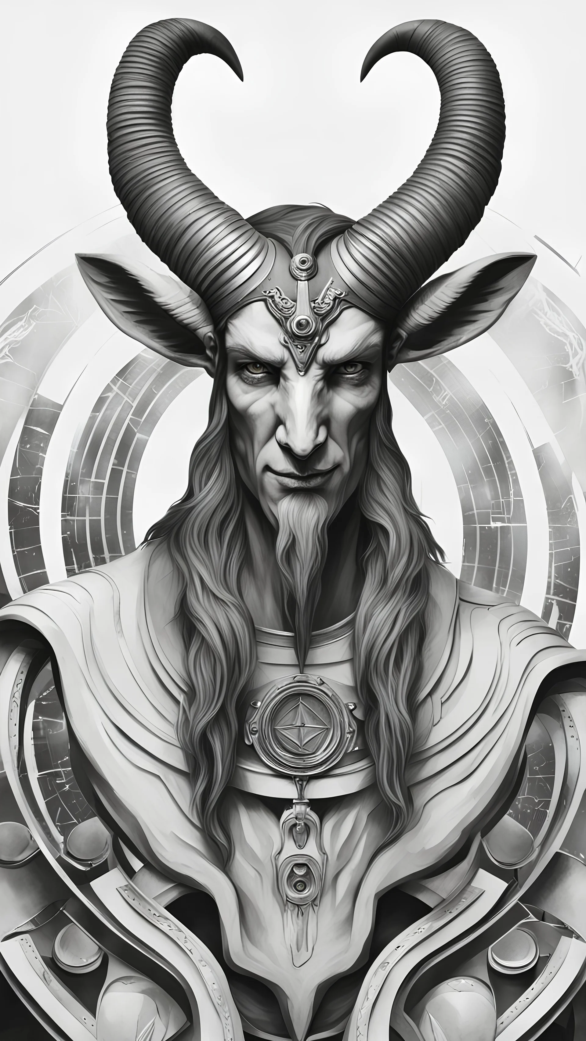 photorealistic portrait of a futuristic god Baphomet, dynamic lighting, sharp focus, shadowplay