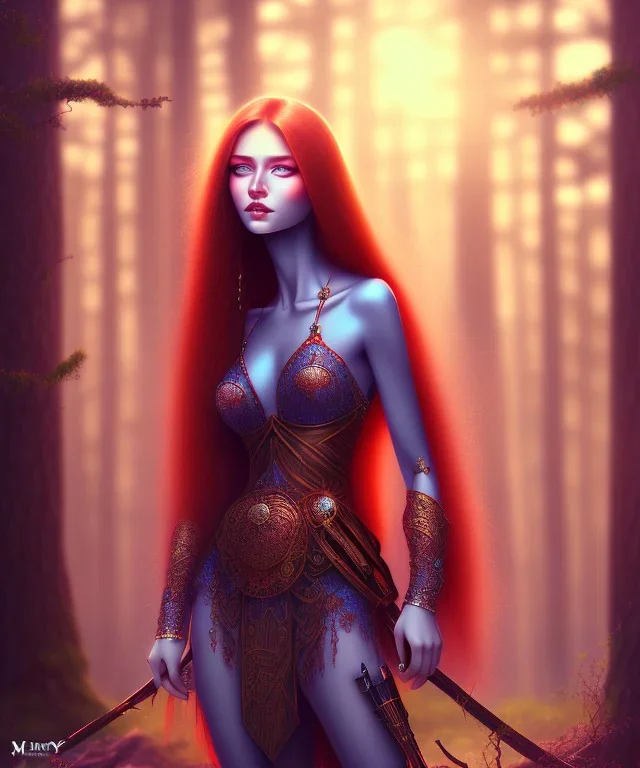 beautiful girl, red long hair, corsage, smile, blue eyes, sehr große oberweite, kriegerin im wald sonnenuntergang, fantasy art