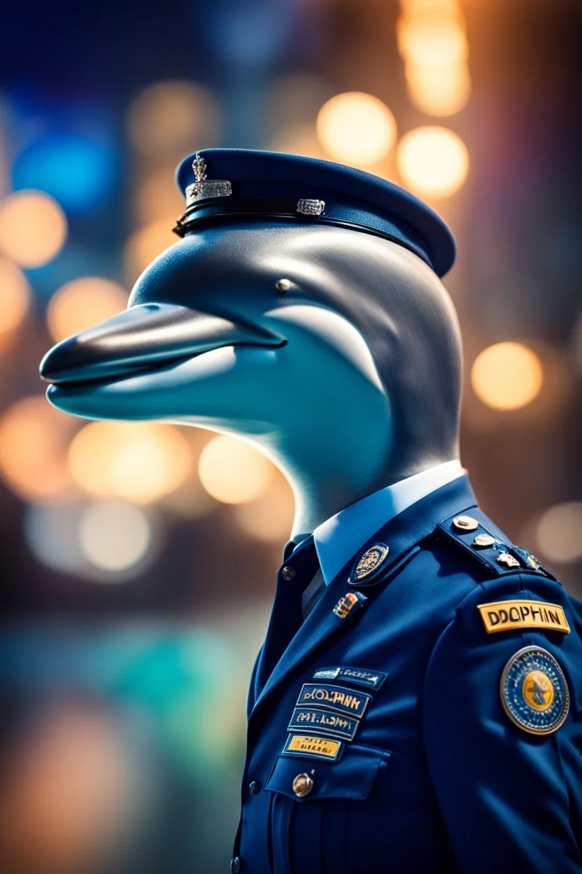 a dolphin policeman, bokeh, downlight, prize winning, depth of field, in the style of ivo caprino, backlight, aura