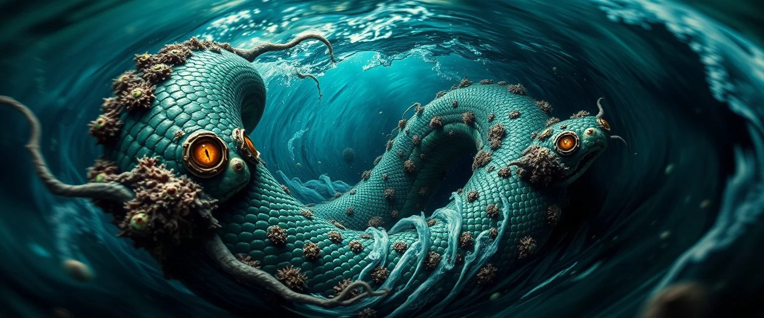 master oil painting by Rembrandt, good afternoon Tidecoil "A serpentine sea monster twisting like a living whirlpool, covered in slimy scales and barnacle growths, long whip-like tendrils, eyes that float independently along its body, constantly in motion, churning water into a storm around it." pin hole cam picture, twisted perspective, goa trance music poster, awake within a psychedelic mushroom dream, with some motion blur background, and hyper depth perception