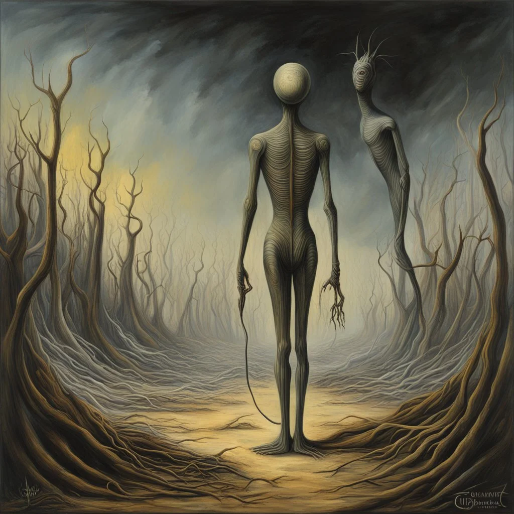 In conflict met het eindige, gestalt surrealism, by Johfra Bosschart, by Davidov, ultra-thin, unformed headless wormy hybrid, matte oil painting, rough brush strokes, weird, sinister, nightmarish, decalcomania, minimalist