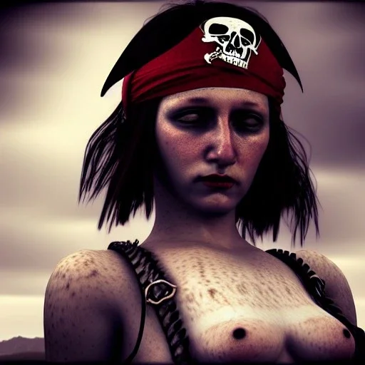 illustrator, hyper realistic, young spanish pirate girl crying, short hair.lips red. tatoos on neck. dressed in leather and metal bra. pirate ships. high details, thunderstorm. 4k, unreal engine, misty, tintoretto