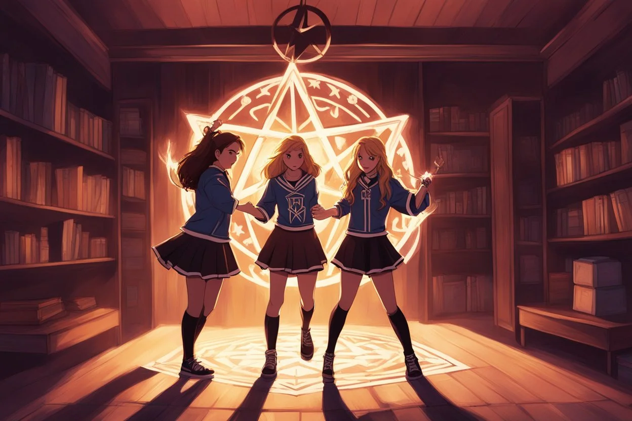 two teenagers summoning a demon in the shadows of a dorm, one is a cheerleader, the other is Hermione Granger young woman, the magician student. The demon stands in the center of a pentagram