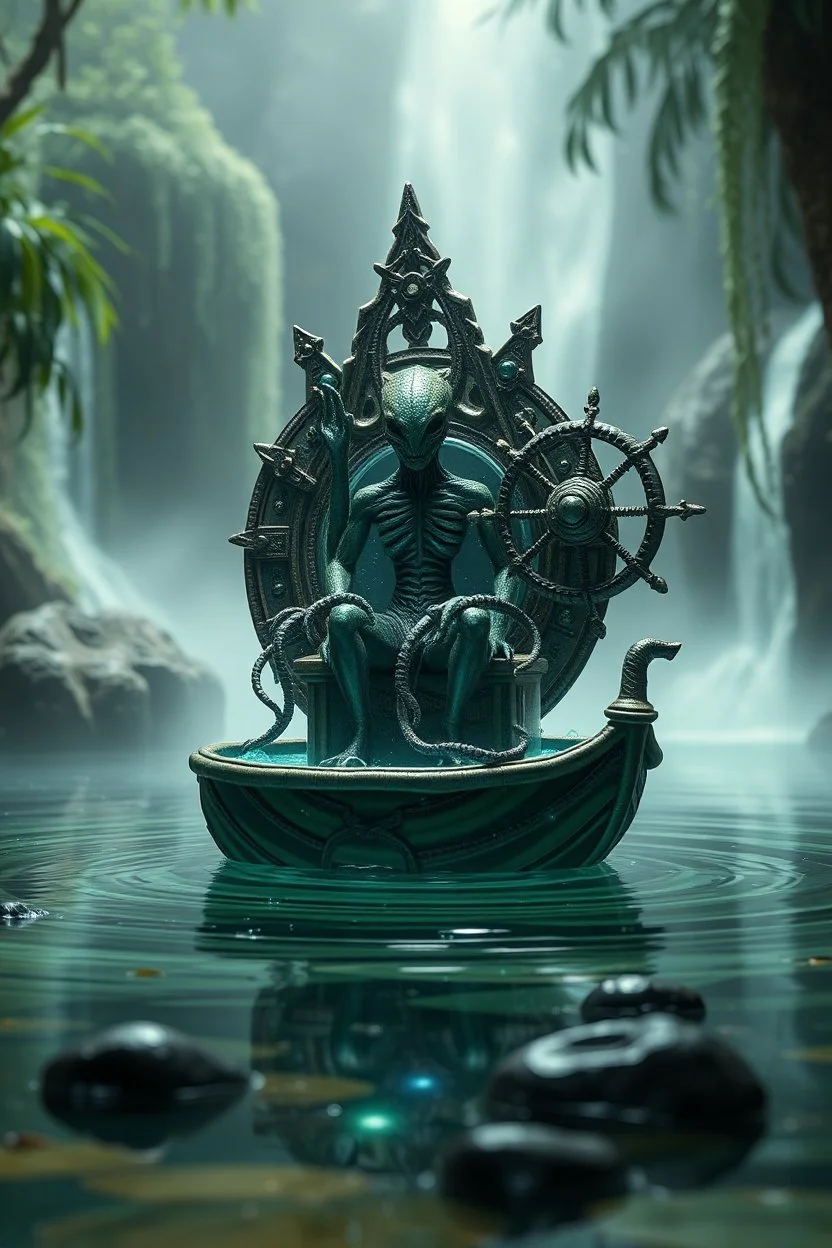 action figure of a crucified alien necrophyte electric eel on round swamp transparent glass obcidian boat beholder eye wheel throne in a charged foggy jungle starry waterfall, blur background to make character pop out