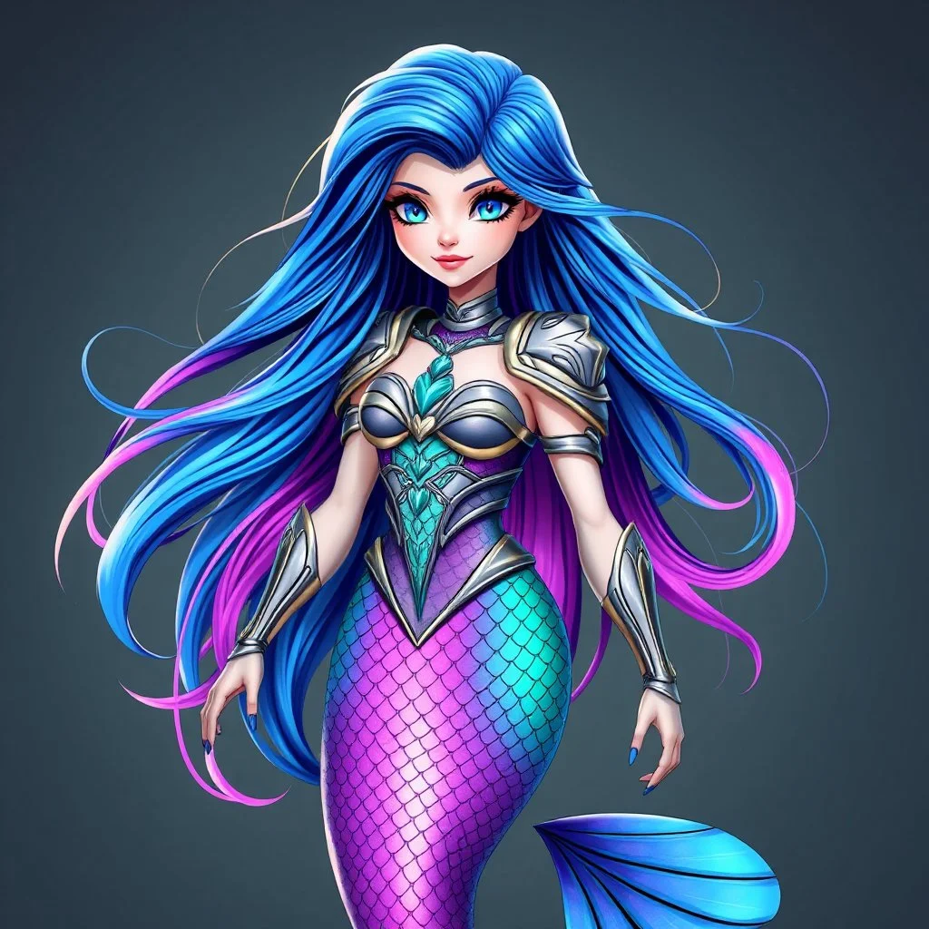 Create an enchanting mermaid inspired by a betta fish. She has flowing, vibrant hair that transitions from deep blue at the roots to pink and purple at the tips, reminiscent of betta fish fins. Her eyes glow with shades of teal and lavender, filled with curiosity and wisdom. Her upper body is adorned in sleek, oceanic armor with iridescent scales shimmering in shades of turquoise and emerald. Her tail is long and graceful, resembling the elegant fins of a betta fish. The tail starts with deep c