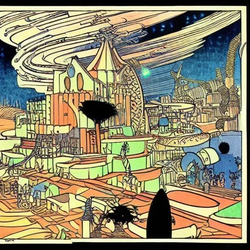 Village in the cosmos in Winsor McCay style and dr seuss style