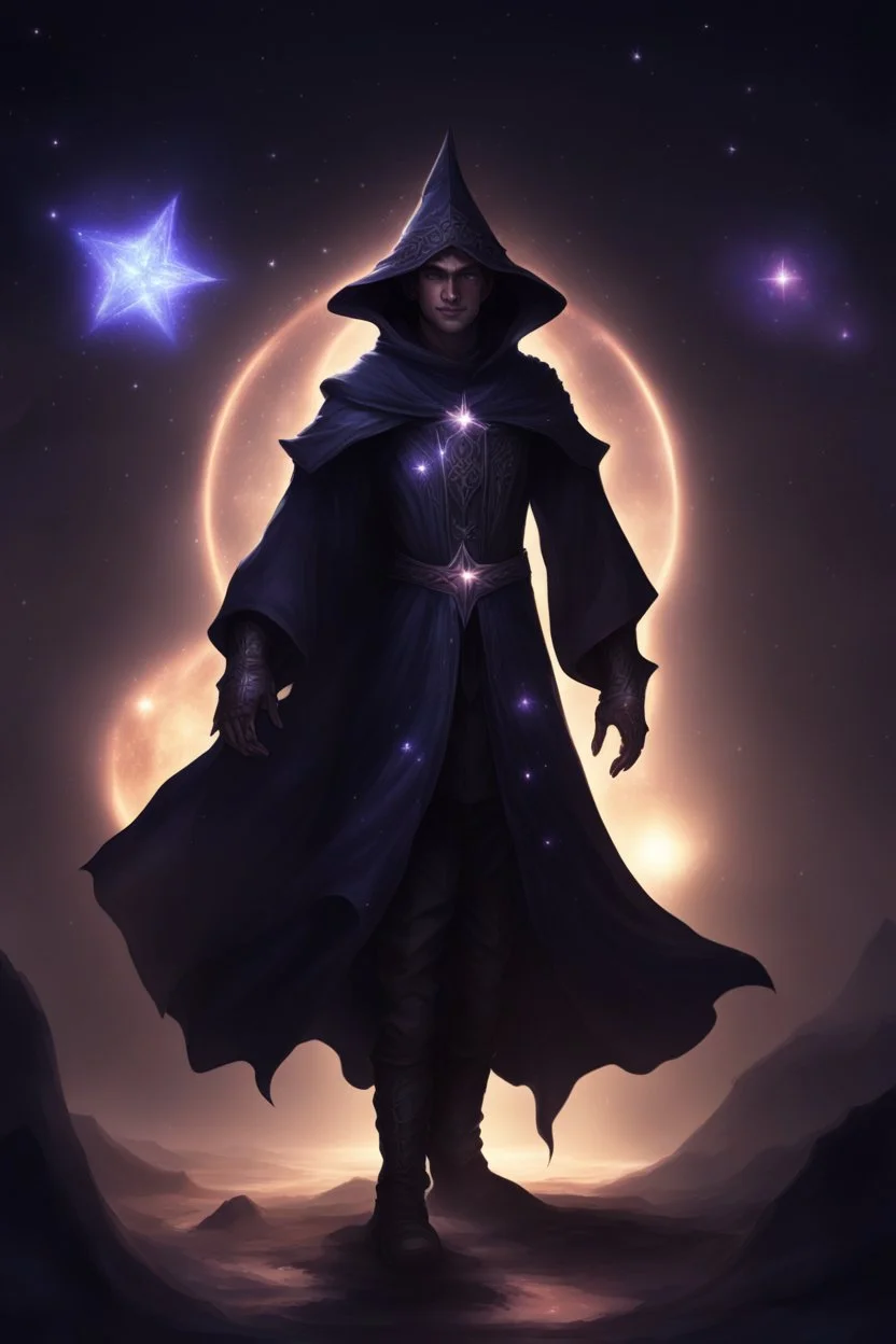dark star medival male dark mage in a starry ascended luminescence form, big star in the background