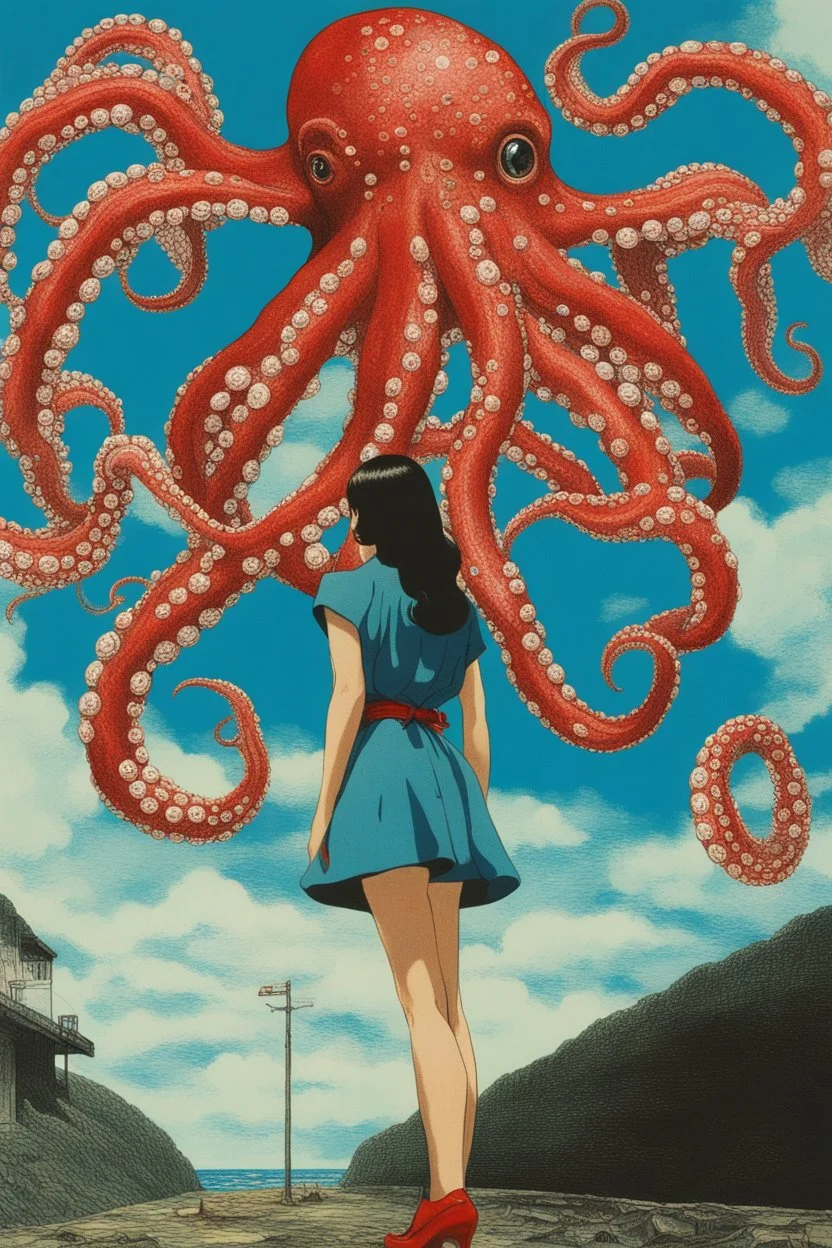 girls leg, Octopus وcloud in blue sky, a red lip, collage art, shuji terayama, dreamy objects, surreal, criterion collection, showa era, intricate details, mirror