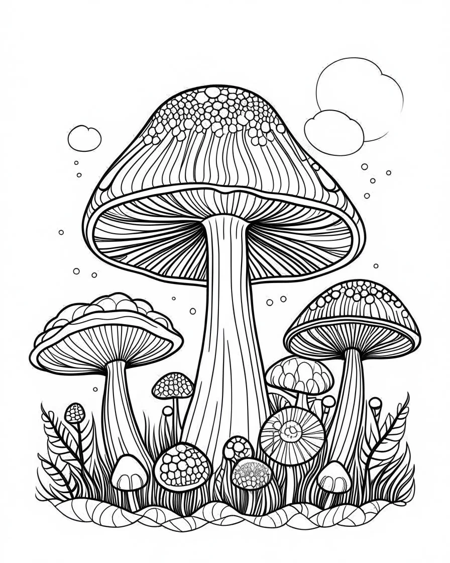 mushroom world minimalistic landscape. line art, background, vector, svg, coloring book page style, black outline on white background