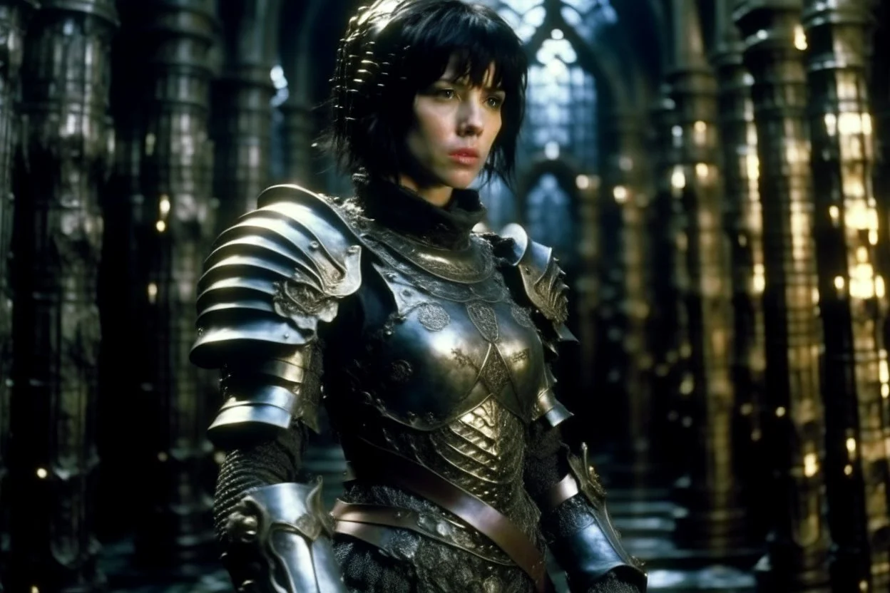 Motoko Kusanagi from Ghost In The Shell (1995), clad in medieval stell plate armour, melancholic