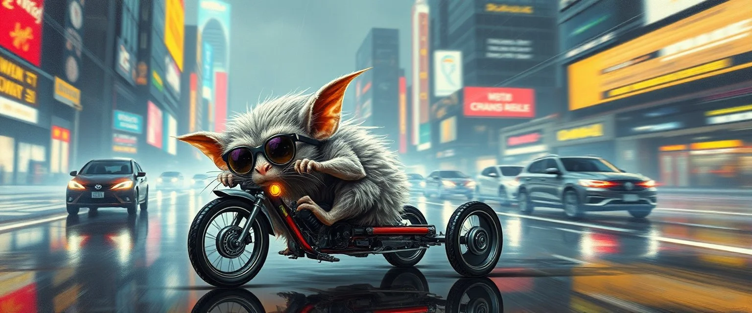 master oil painting by Rembrandt, the tilted quilter,glasses and ticks, cyberpunk imagery synchronized stylized fluffy gremlin with wolf rat aura laying low with drumming kit flat power trike , wet reflective salt flat city, fast motion blur background, translucent tube cars, technocracy mega tv