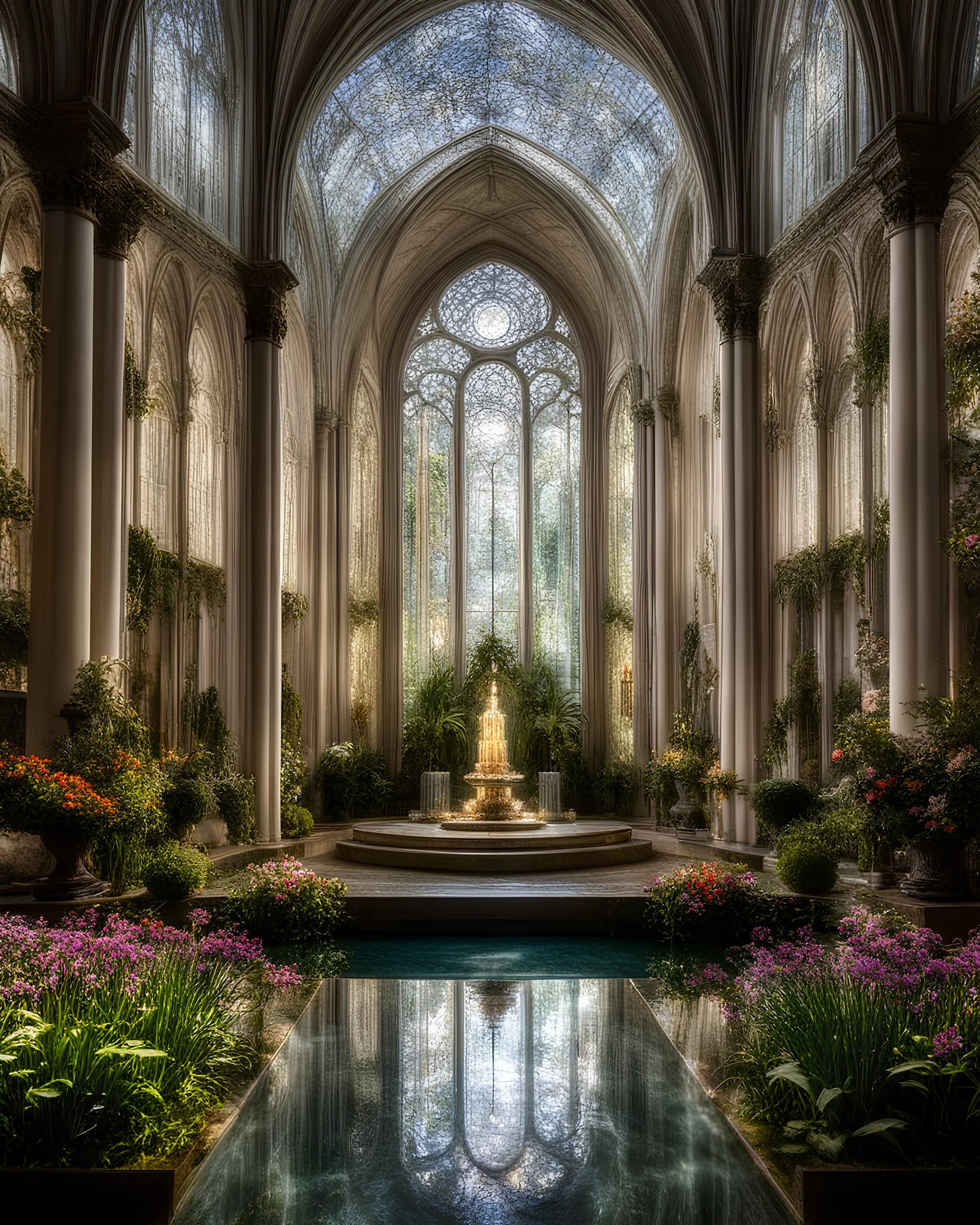 Miniature cathedral inside a transparent glass parabolic box, a world of flowers, plants, fountains and water features, historical, fantasy, mythical, gentle, symmetry, detailed and beautiful composition, totally symmetrical, halo lighting and chiaroscuro, clarity and precision. Award-winning photograph.