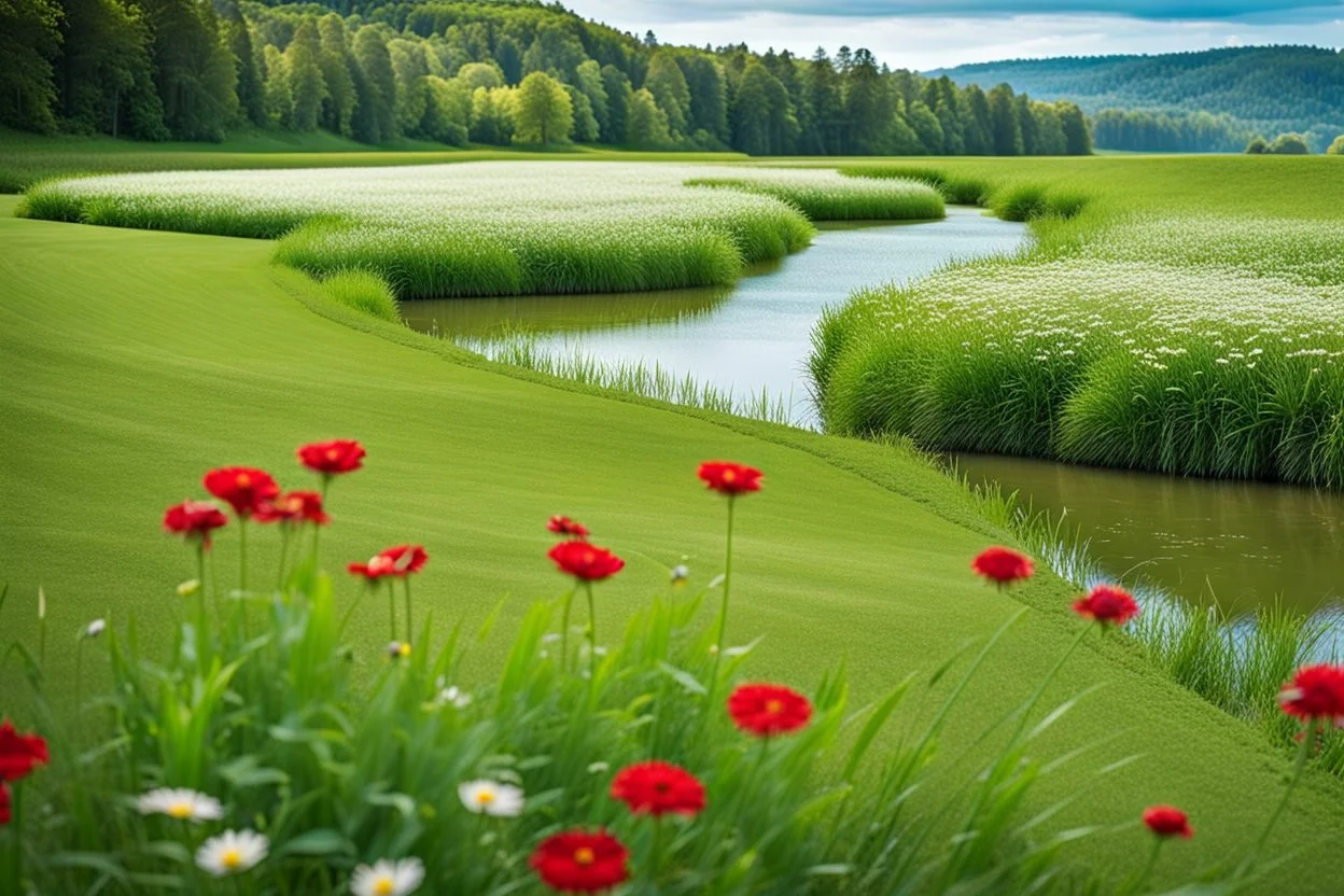 a big dance grass field in country side environment ,green field ,flowers , small river at distance,blue sky pretty clouds ,camera looking at horison