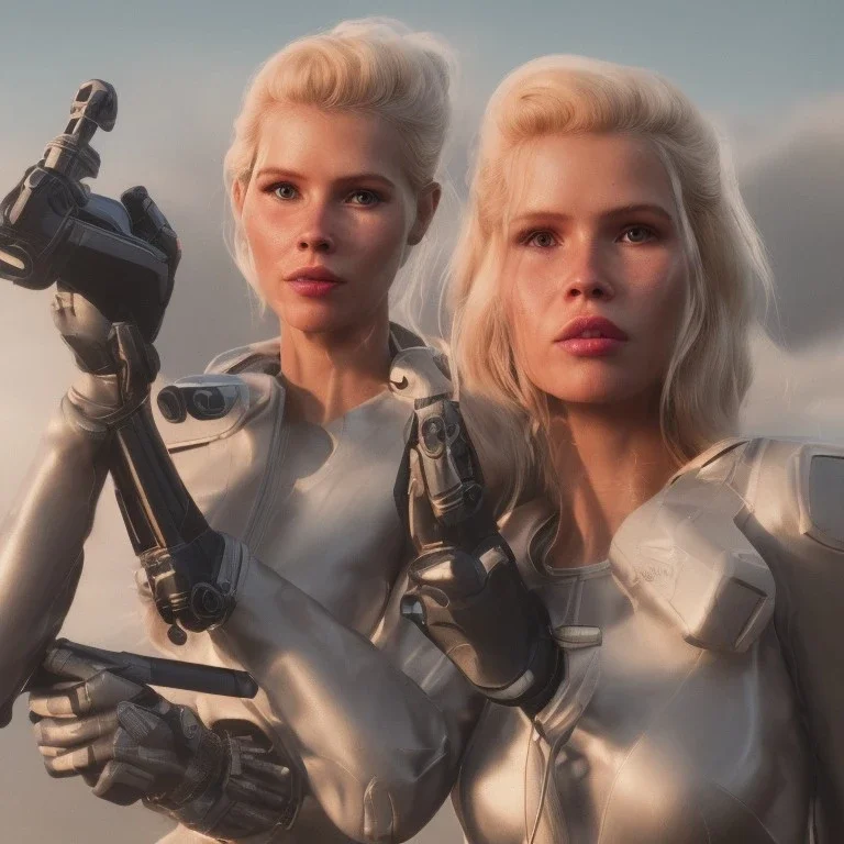 Ultra Realistic retro sci-fi movie scene, waist up view portrait, blonde woman pointing a gun, sweet young Claudia Schiffer face, perfect iris, glow eyes, makeup, weapon. Drones background, Retro sci-fi style, helmet, tight latex coat, fog, rain, soft color, highly detailed, unreal engine 5, ray tracing, RTX, lumen lighting, ultra detail, volumetric lighting, 3d, finely drawn, high definition, high resolution.