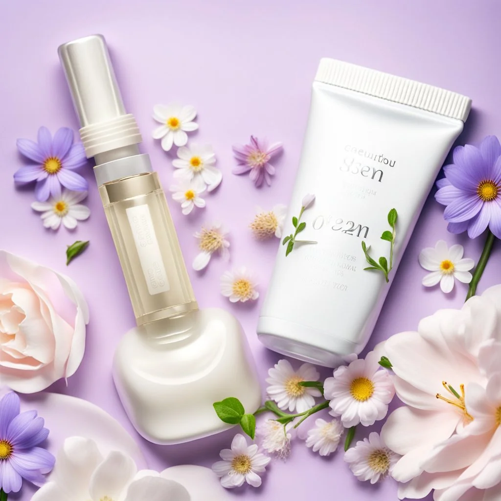 a bottle for cosmetics and a cream jar lies on a beautiful floral background top view, in the background there are beautiful spring flowers and a drop of cream, high-quality picture, top view