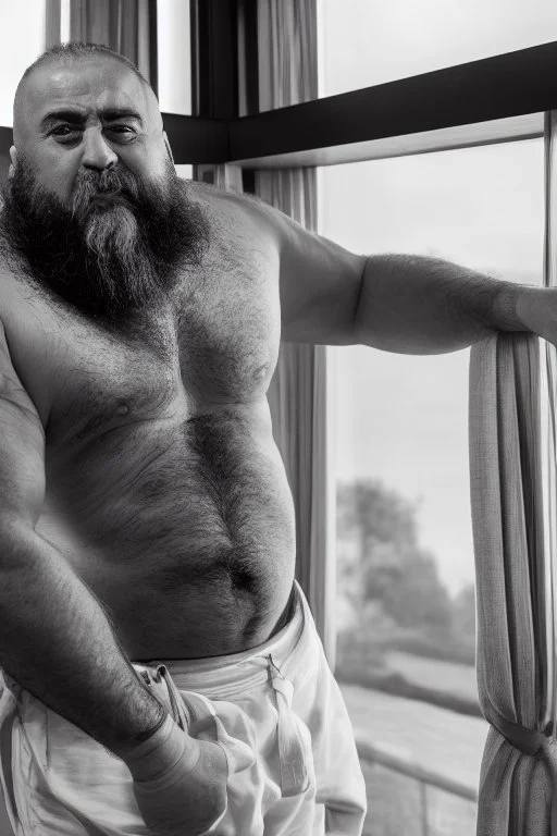 full figure shot photography of burly chubby turkish man 55 years old, at the windows , towel around the waist, bulge, hands behind the head, emotive eyes, long beard, manly chest, curly hair, sharp focus, backlit, harsh overhead sunlight, ambient occlusion , photorealistic , frontal view