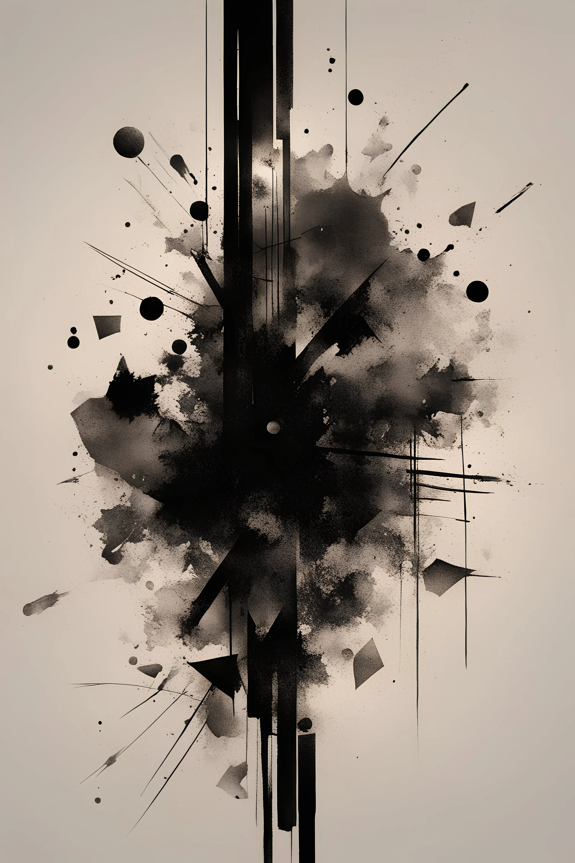 A abstract modern realism design black ink with brushstrokes and ink splatter of geometric patterns in negative space