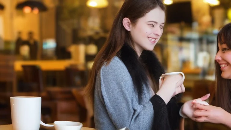 young woman talk to a penguin in coffee-shop