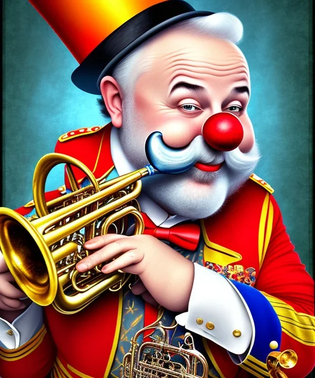 happy old friendly fat clown with round head and trimmed beard playing jazz with a steampunk theme, trumpet, circus, realistic