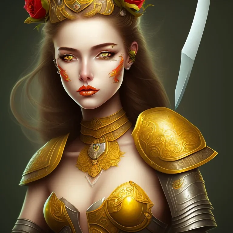 lady warrior with yellow top and rose knife