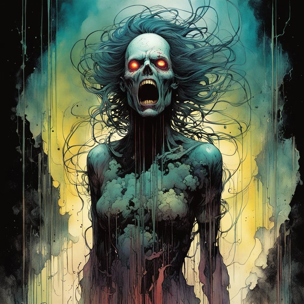 a surreal full body portrait of the inner workings of her disturbed mind as a nightmarish charnel house of screaming pain , in the comic book style of , Bill Sienkiewicz, , Alex Pardee , and Jean Giraud Moebius, muted natural color, sharp focus, ethereal , dark and foreboding