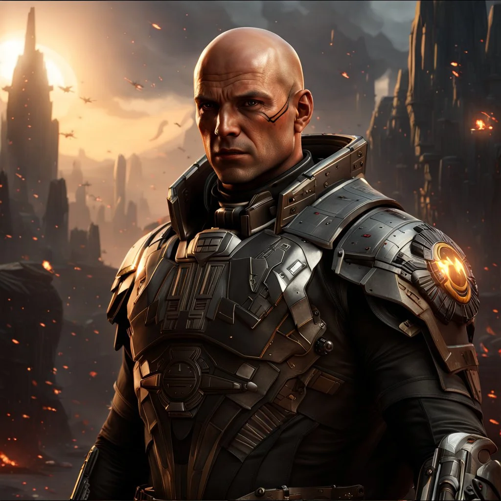 star wars bald male corellian pilot wearing pearlescent black and gunmetal grey First Order special forces heavy assault stealth commando armor and helmet with gold trim inside the jedi temple, hyperdetailed, dynamic lighting, hyperdetailed background, 8k resolution, volumetric lighting, light skin, fully symmetric details