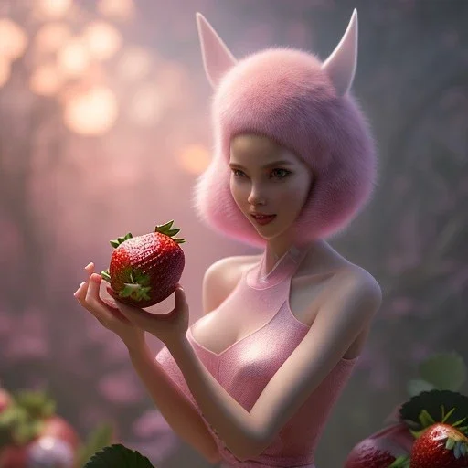 pixar style, volumetric pink sky environment and background, volumetric lighting, dramatic lighting, realistic painting of an strawberry and a beautiful woman holding a jar, looking excited, detailed digital painting, extreme dense and fine fur, anime, ornate, colour-washed colors, elegant, small minutiae, tiny features, particulars, centered, smooth, sharp focus, renderman gofur render, 8k, uhd, detailed eyes, realistic shaded volumetric lighting, caustics, backlight, centered camera view