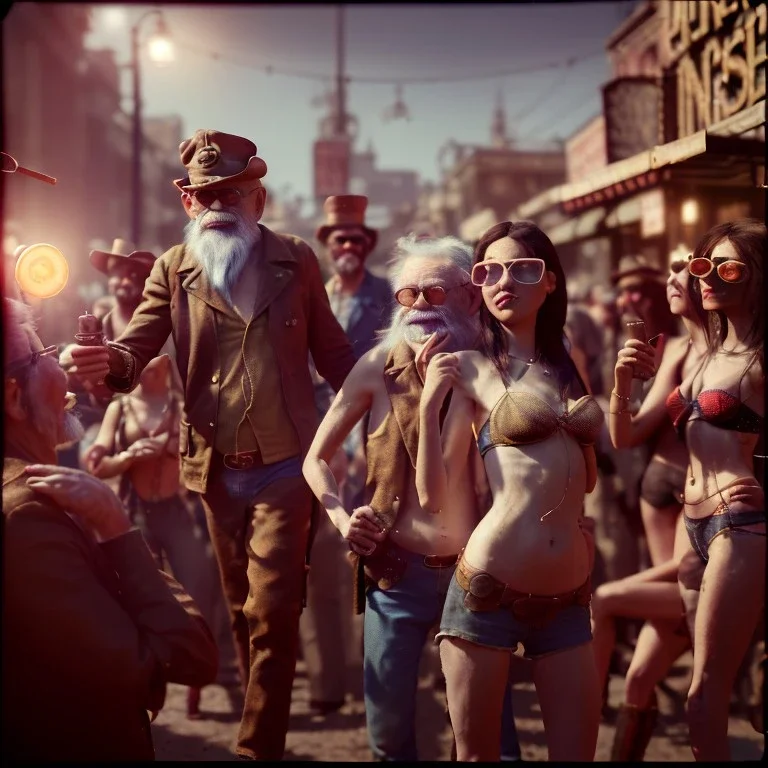 Realistic photo, American shot view, old man monkey, cabaret scene, steampunk. Women, Drunken, Sunglasses, smoking, happy, hot. Many people background, highly detailed, concept art, unreal engine 5, god rays, ray tracing, RTX, lumen lighting, ultra detail, volumetric lighting, 3d, finely drawn, high definition, high resolution.