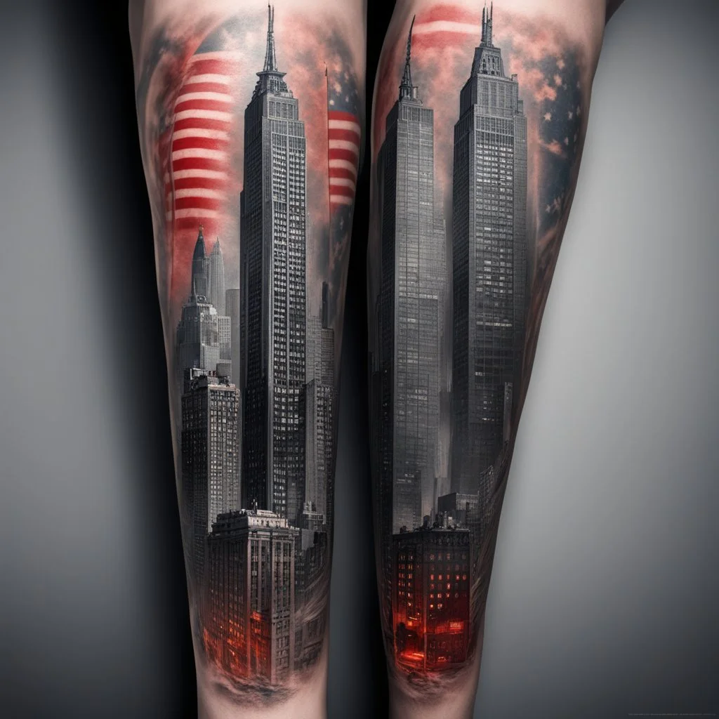 dramatic tattoo of NYC Twin Towers, text "FDNY" and "9-11", American flag motif, stylish modern tattoo, hyperreal, dynamic composition, complex contrast, cgsociety, sfumato