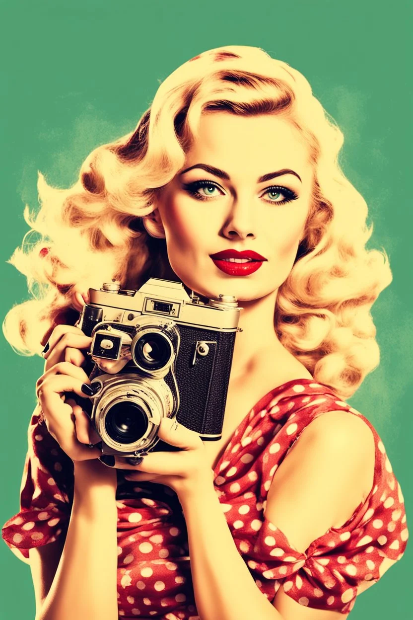 portrait of a blonde woman with a camera, background old torn paper, pin-up style, bright colors,