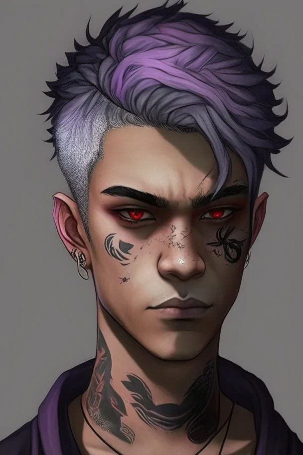 Light brown skin, red eyes, straight short purple-grey hair, snake tattoo on neck, black clothes, round face, teenager