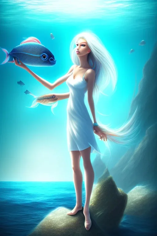 long hair fish lady with white top set on the rock in the ocean